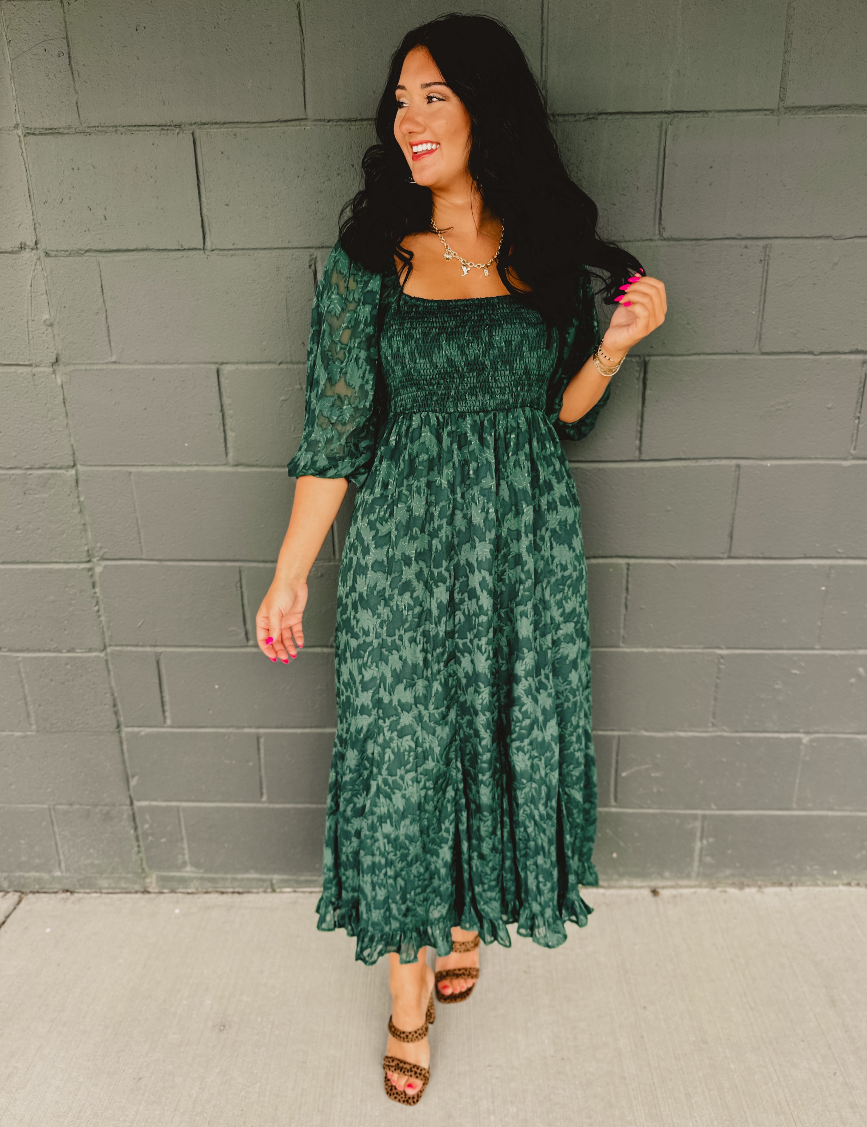 PREORDER: Jacquard Smocked Ruffled Hem Maxi Dress - Hunter Green - Lace and Grace Boutique