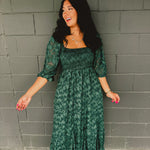 PREORDER: Jacquard Smocked Ruffled Hem Maxi Dress - Hunter Green - Lace and Grace Boutique
