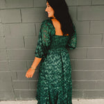 PREORDER: Jacquard Smocked Ruffled Hem Maxi Dress - Hunter Green - Lace and Grace Boutique