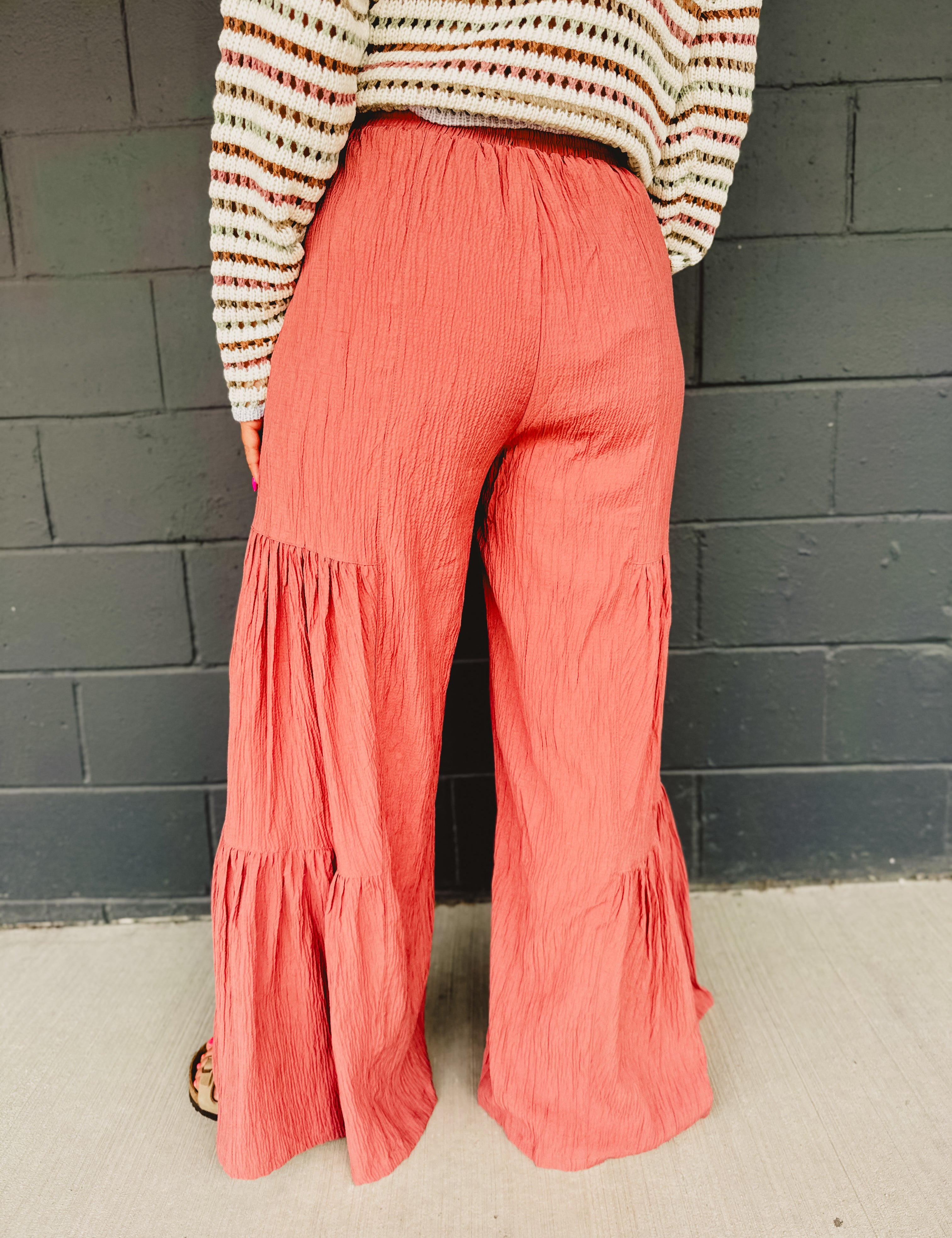 Textured Tiered Detail Wide Pants - Dried Rose - Lace and Grace Boutique