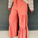 Textured Tiered Detail Wide Pants - Dried Rose - Lace and Grace Boutique
