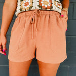 Crinkle Drawstring Adjustable Shorts  - Camel - Lace and Grace Boutique