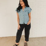 Striped Button-Down Chambray Top - Blue - Lace and Grace Boutique