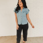 Striped Button-Down Chambray Top - Blue - Lace and Grace Boutique