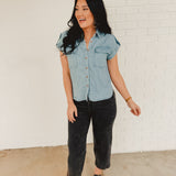 Striped Button-Down Chambray Top - Blue - Lace and Grace Boutique