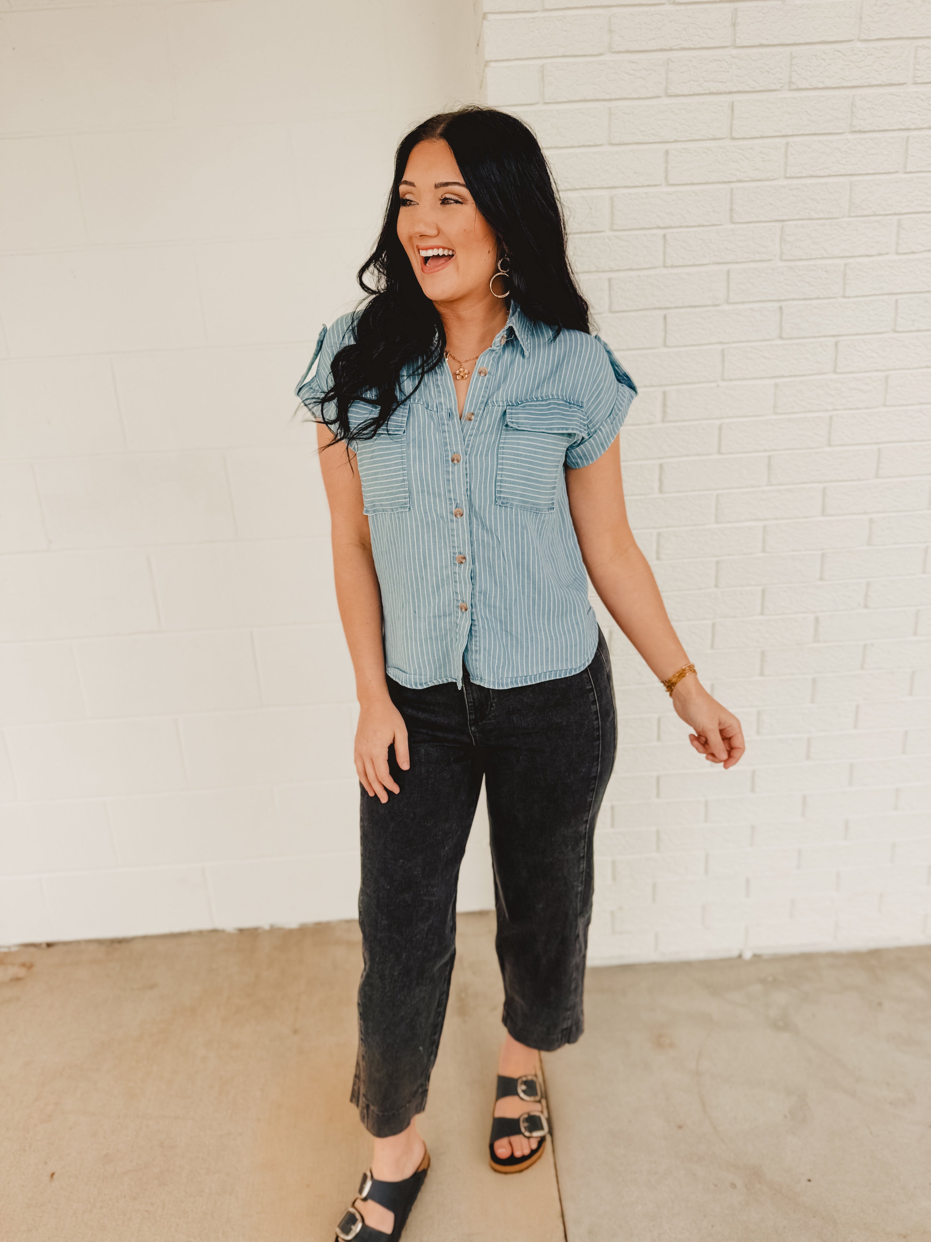 Striped Button-Down Chambray Top - Blue - Lace and Grace Boutique