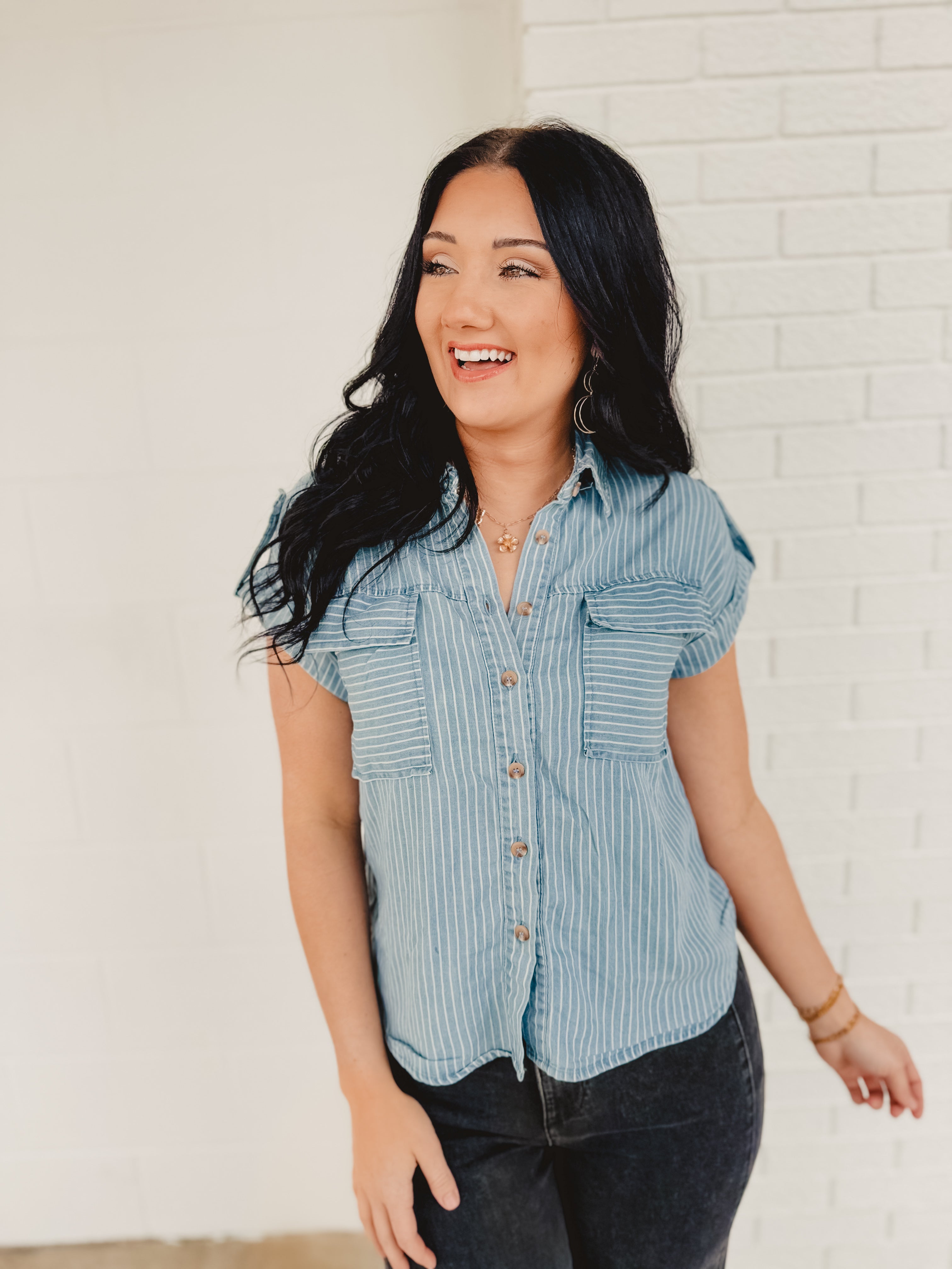 Striped Button-Down Chambray Top - Blue - Lace and Grace Boutique