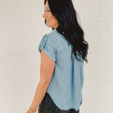 Striped Button-Down Chambray Top - Blue - Lace and Grace Boutique