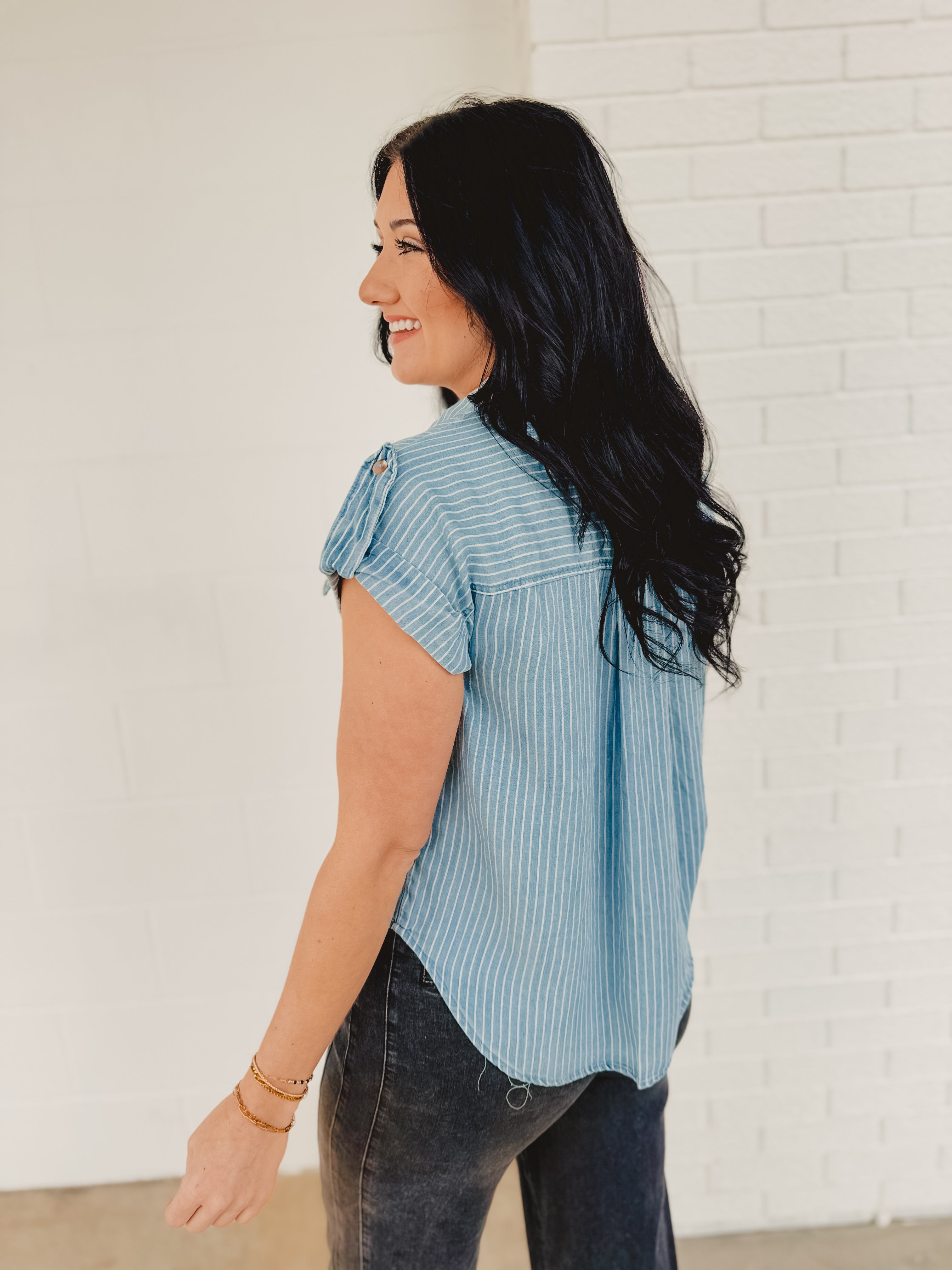 Striped Button-Down Chambray Top - Blue - Lace and Grace Boutique