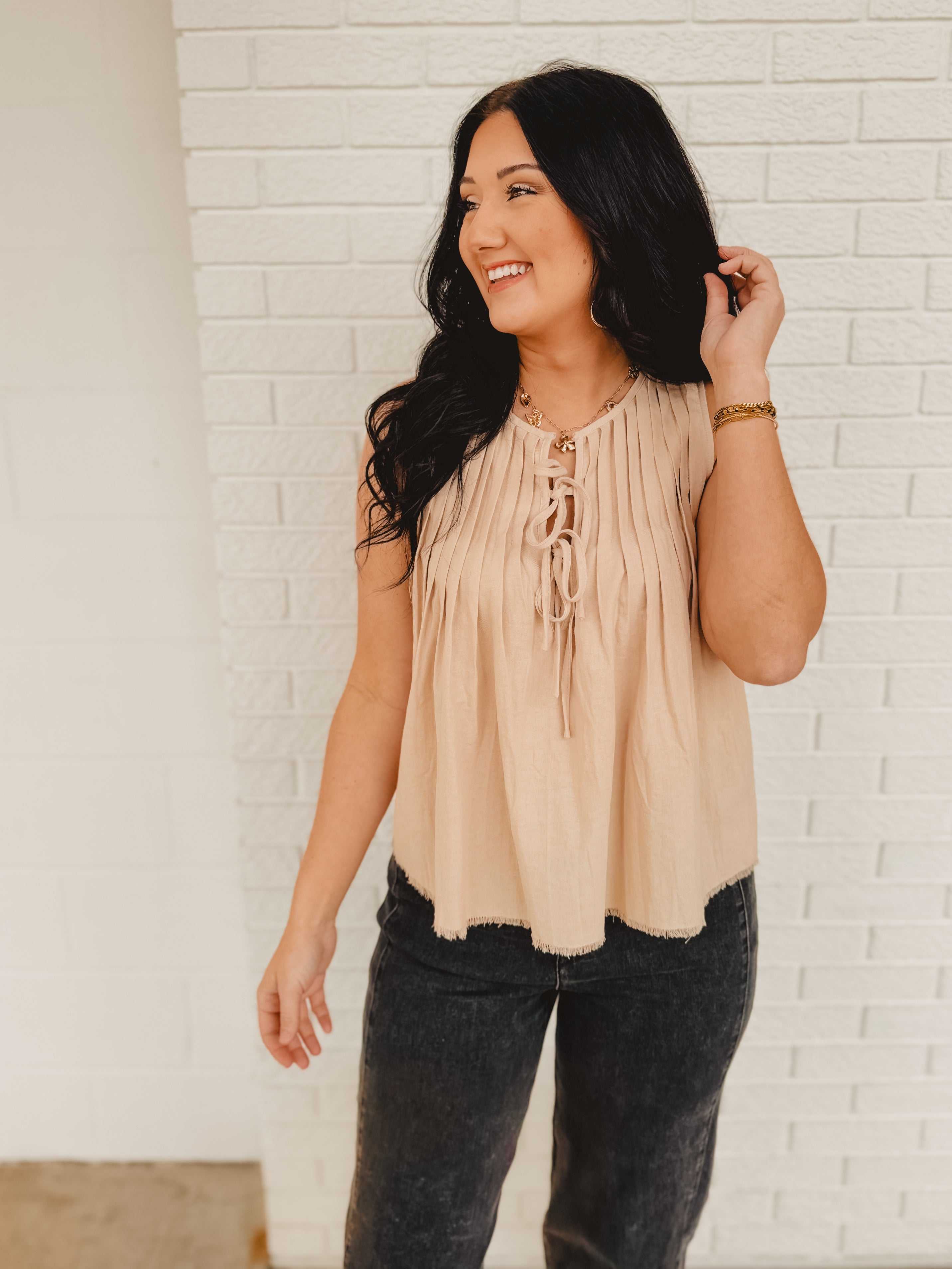 Tie Front Pleated Sleeveless Top - Natural - Lace and Grace Boutique