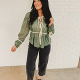 Tie Front Contrast Long Sleeve Top - Emerald - Lace and Grace Boutique