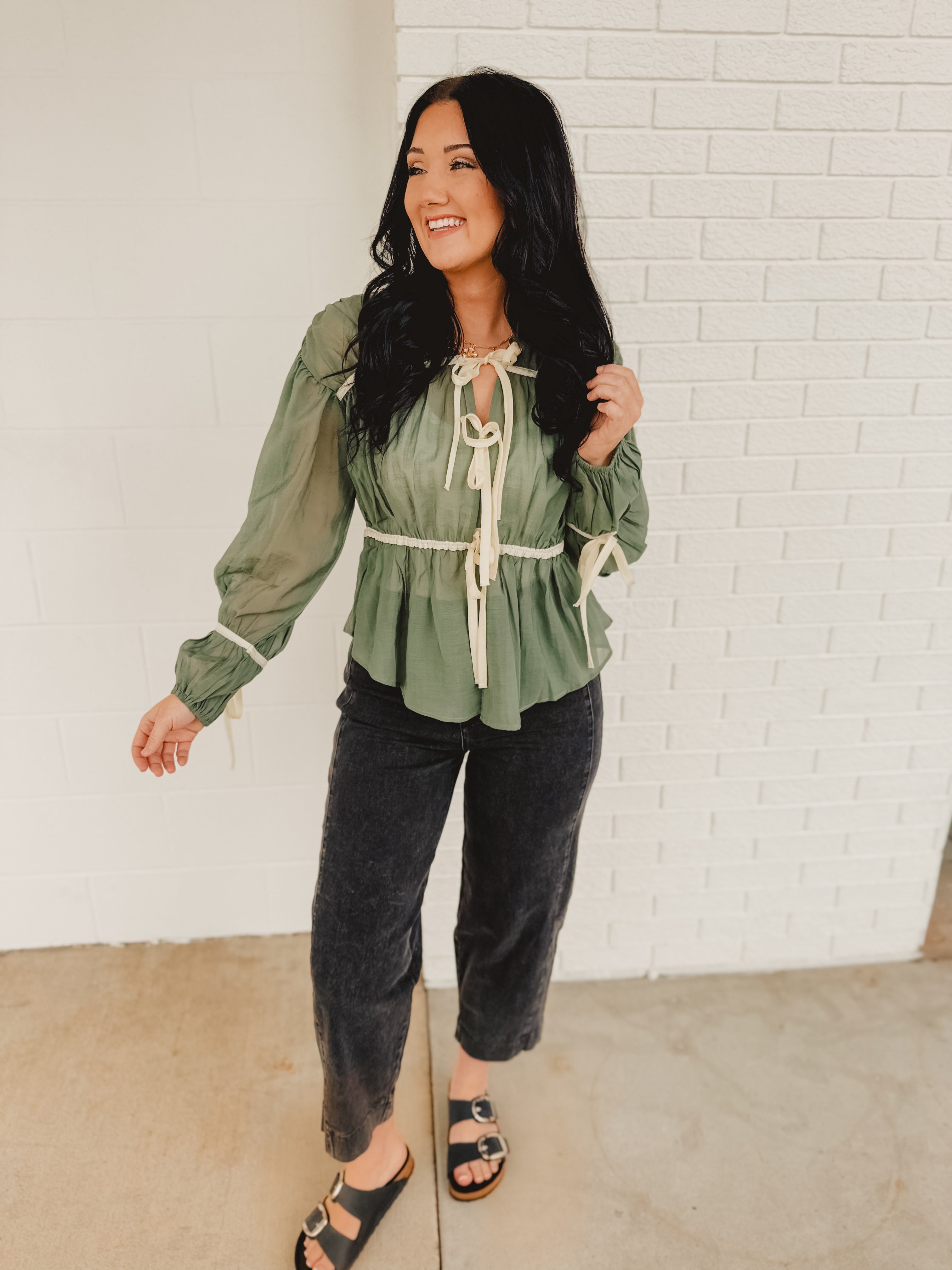 Tie Front Contrast Long Sleeve Top - Emerald - Lace and Grace Boutique