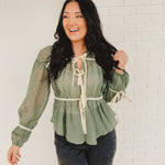 Tie Front Contrast Long Sleeve Top - Emerald - Lace and Grace Boutique