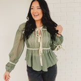 Tie Front Contrast Long Sleeve Top - Emerald - Lace and Grace Boutique