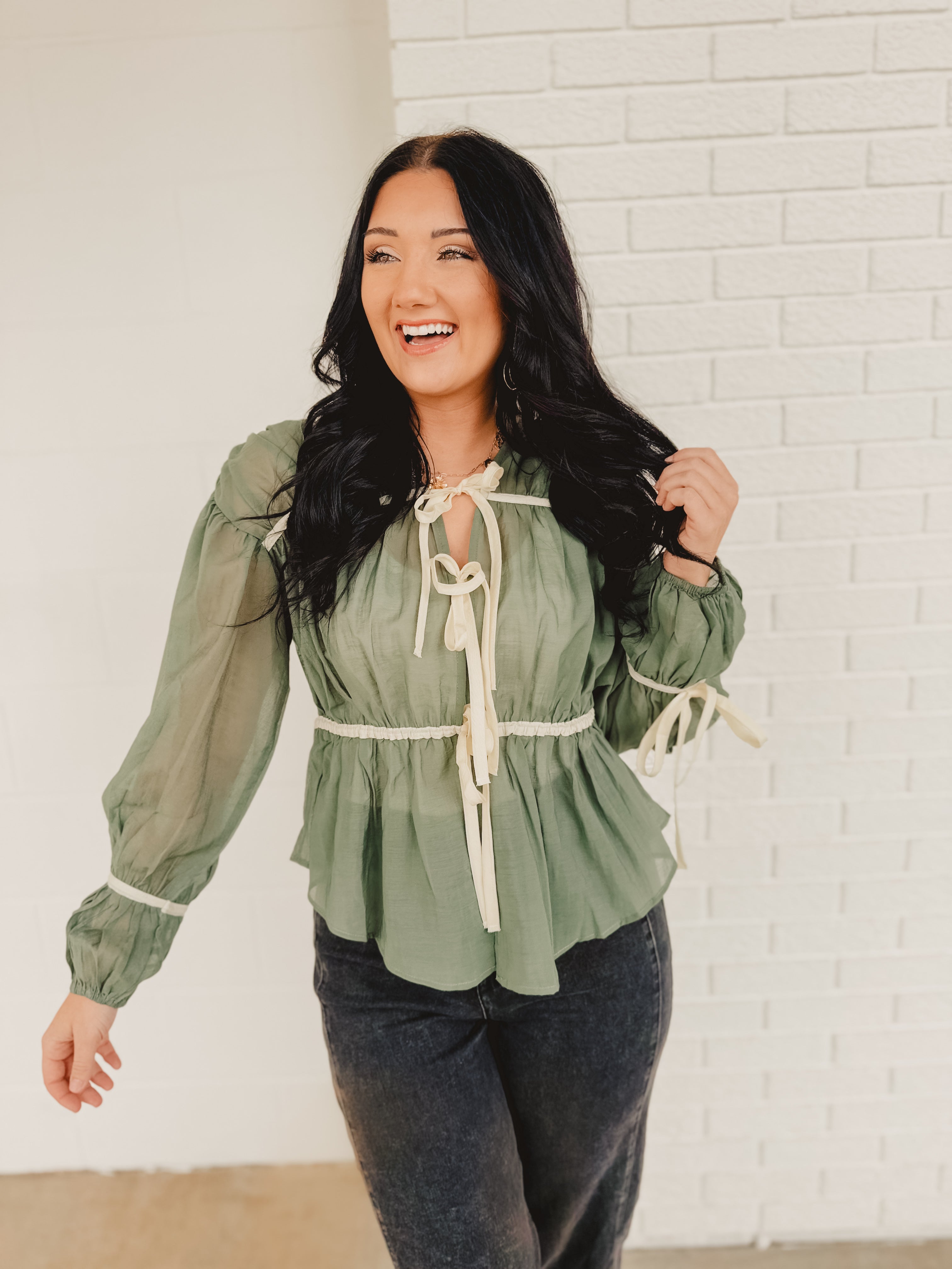 Tie Front Contrast Long Sleeve Top - Emerald - Lace and Grace Boutique