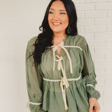 Tie Front Contrast Long Sleeve Top - Emerald - Lace and Grace Boutique