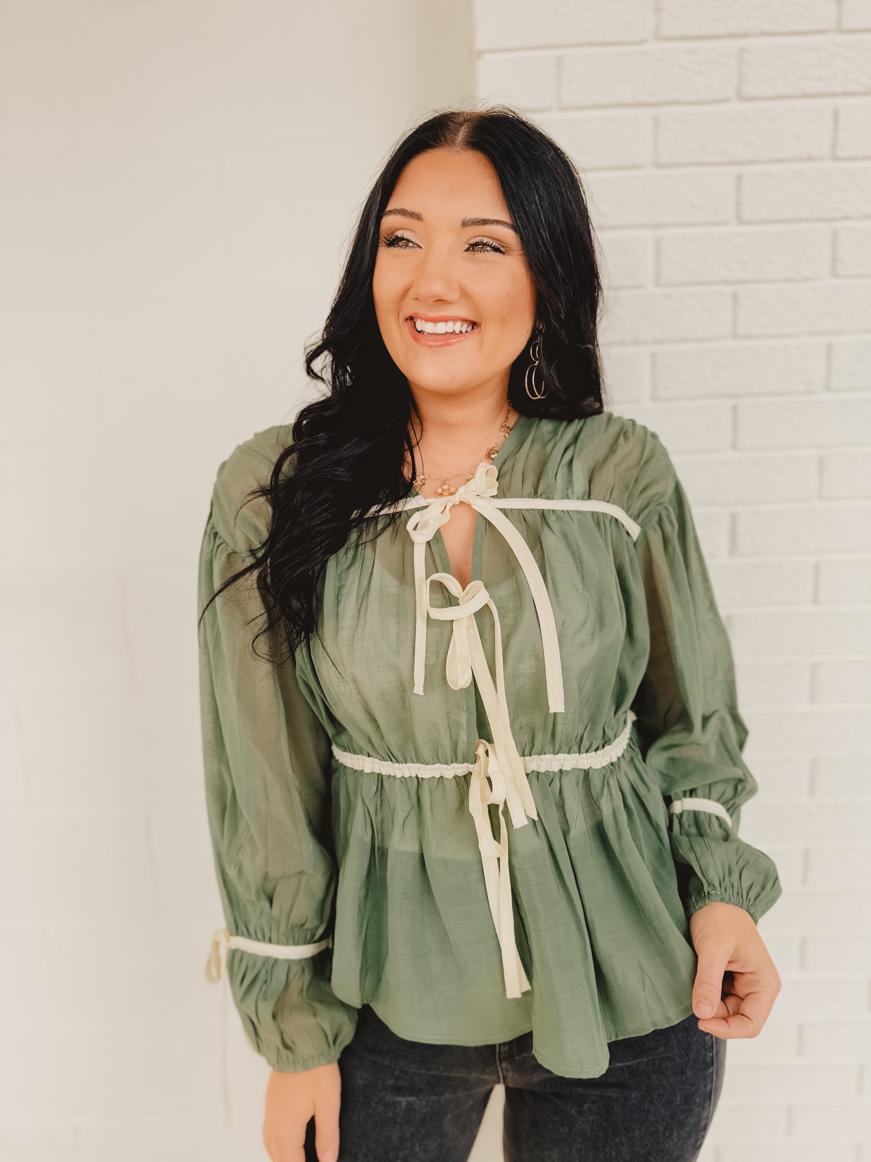 Tie Front Contrast Long Sleeve Top - Emerald - Lace and Grace Boutique