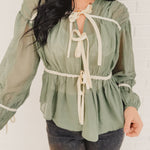 Tie Front Contrast Long Sleeve Top - Emerald - Lace and Grace Boutique