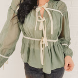 Tie Front Contrast Long Sleeve Top - Emerald - Lace and Grace Boutique