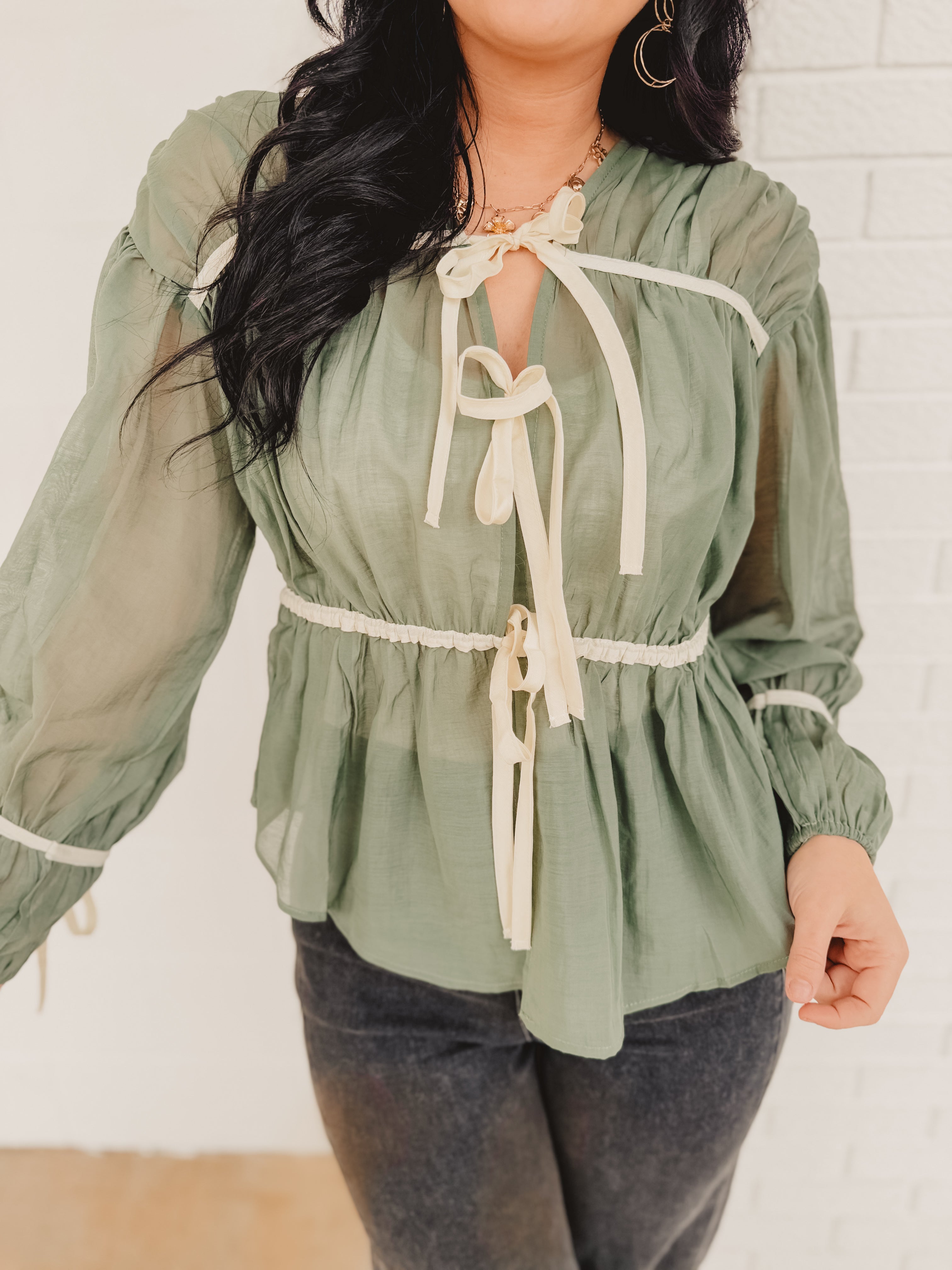 Tie Front Contrast Long Sleeve Top - Emerald - Lace and Grace Boutique