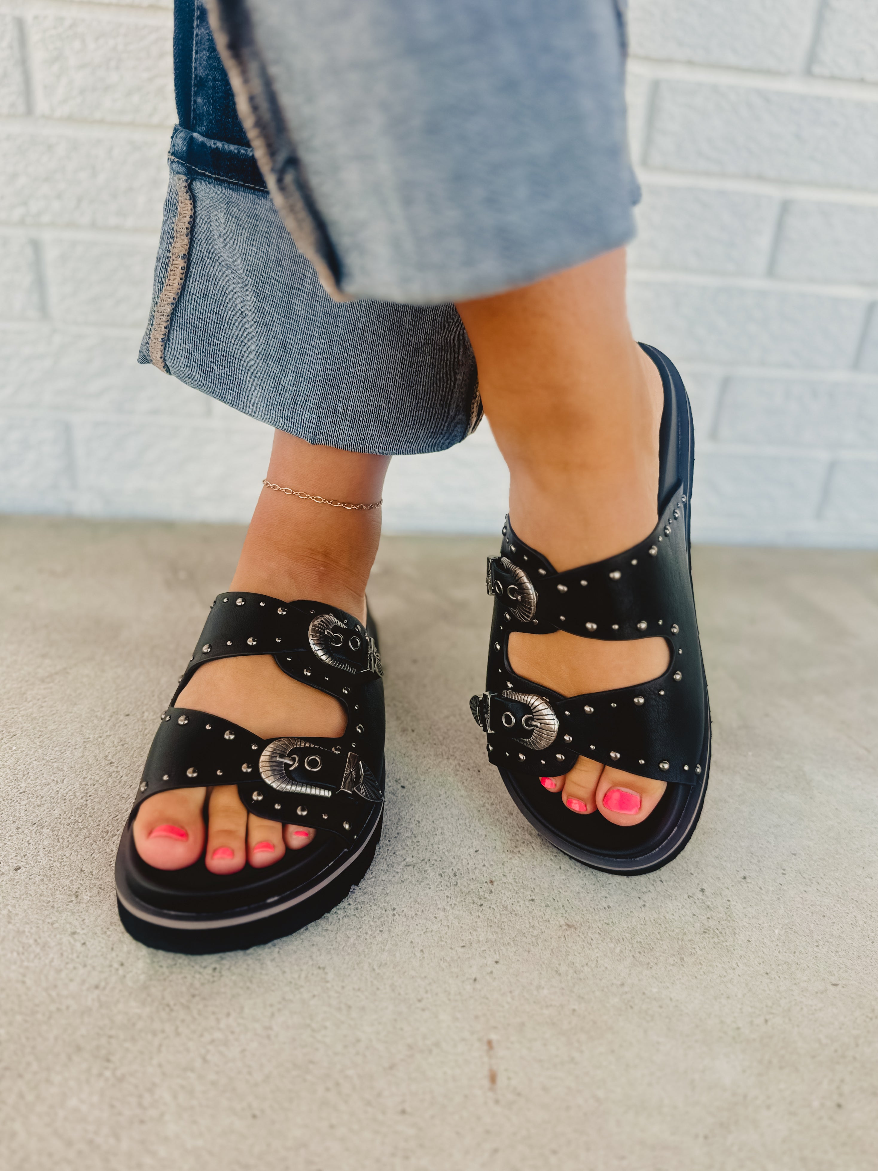 Western Buckle Sandal - Black - Lace and Grace Boutique