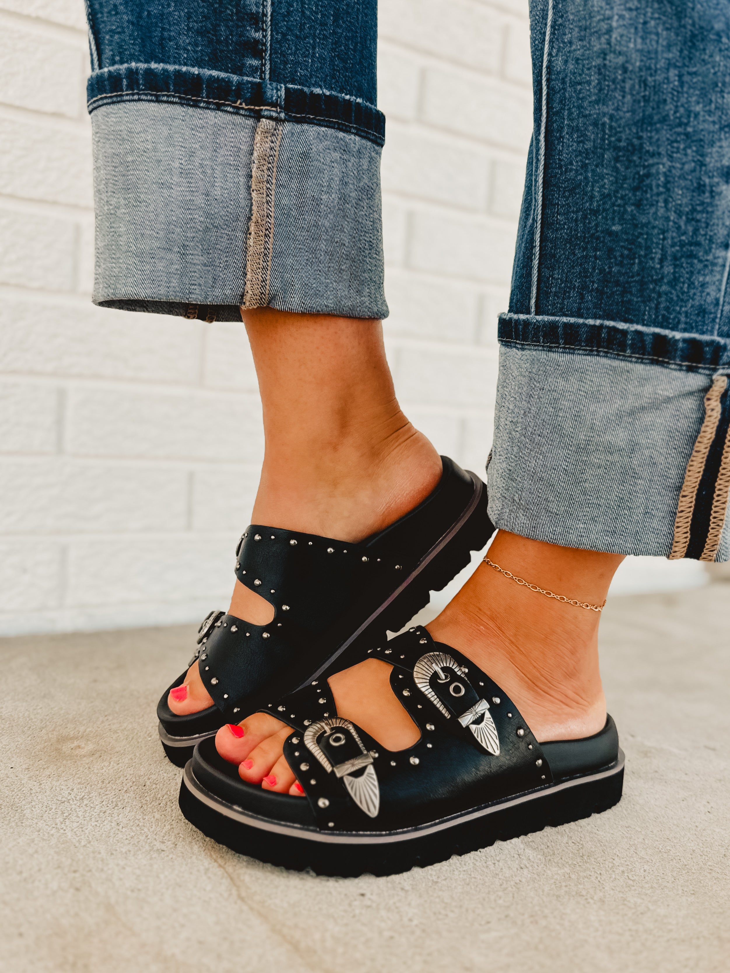 Western Buckle Sandal - Black - Lace and Grace Boutique