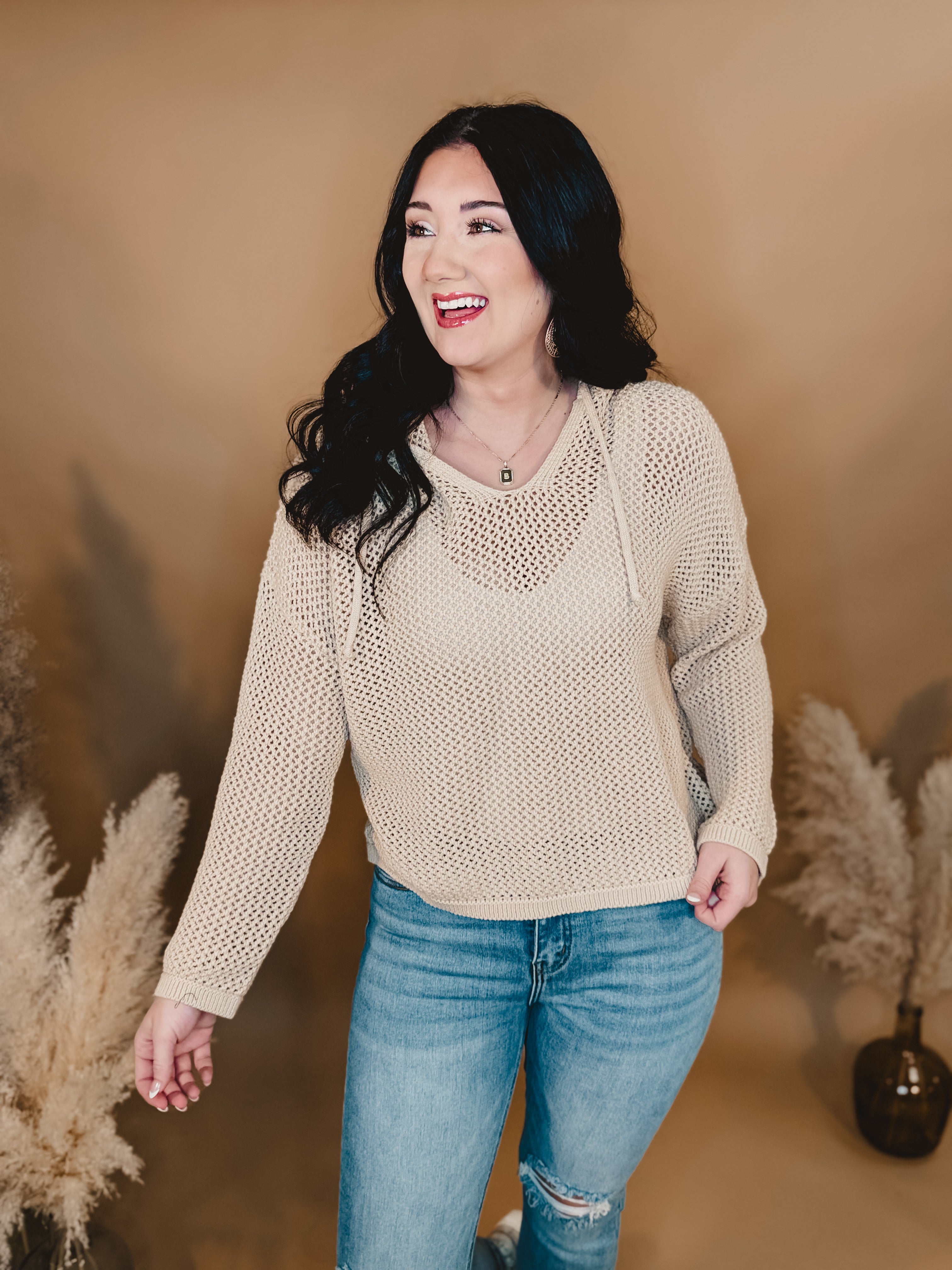 Open Knit Sweater Hoodie - Taupe - Lace and Grace Boutique