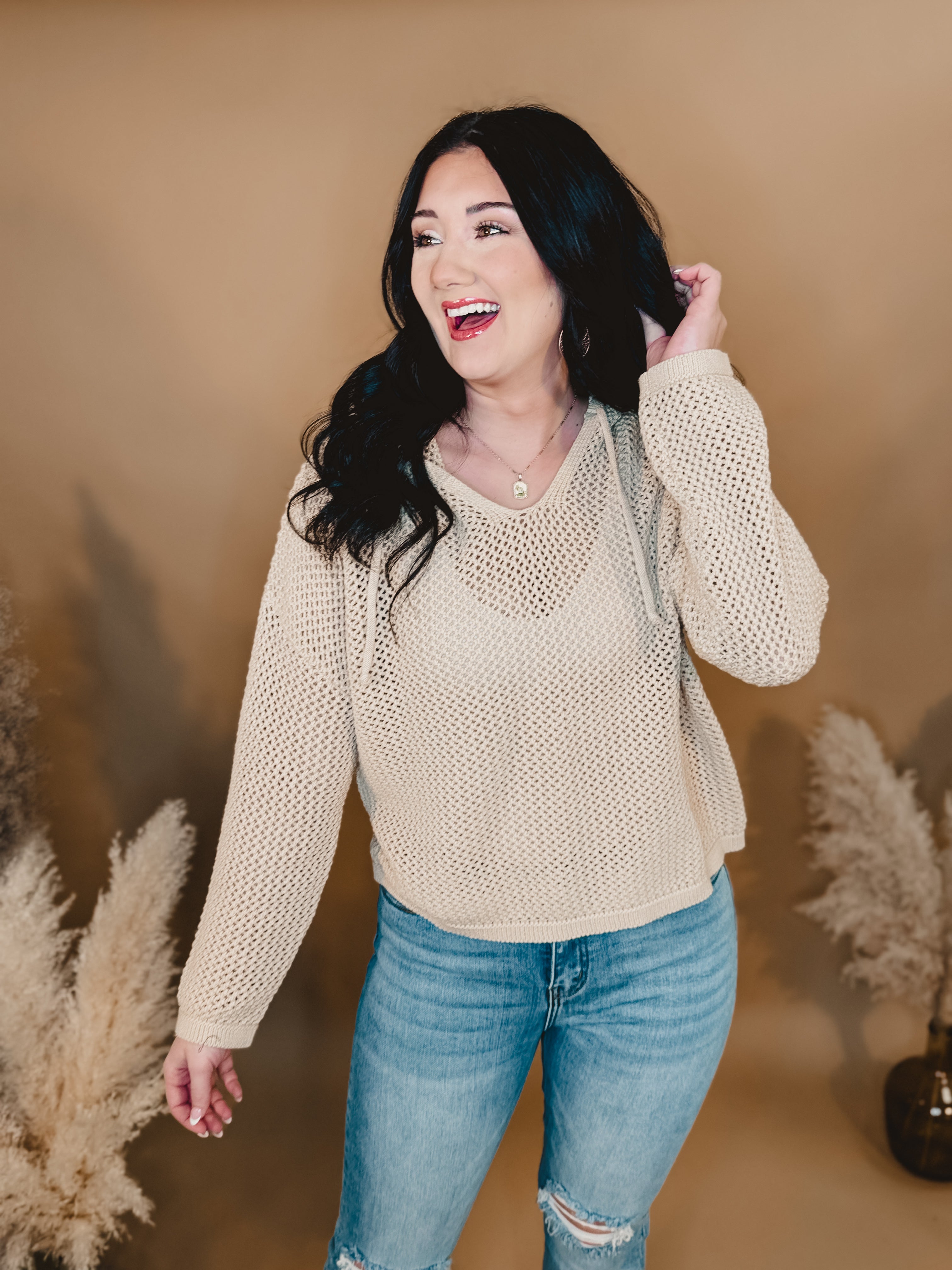 Open Knit Sweater Hoodie - Taupe - Lace and Grace Boutique