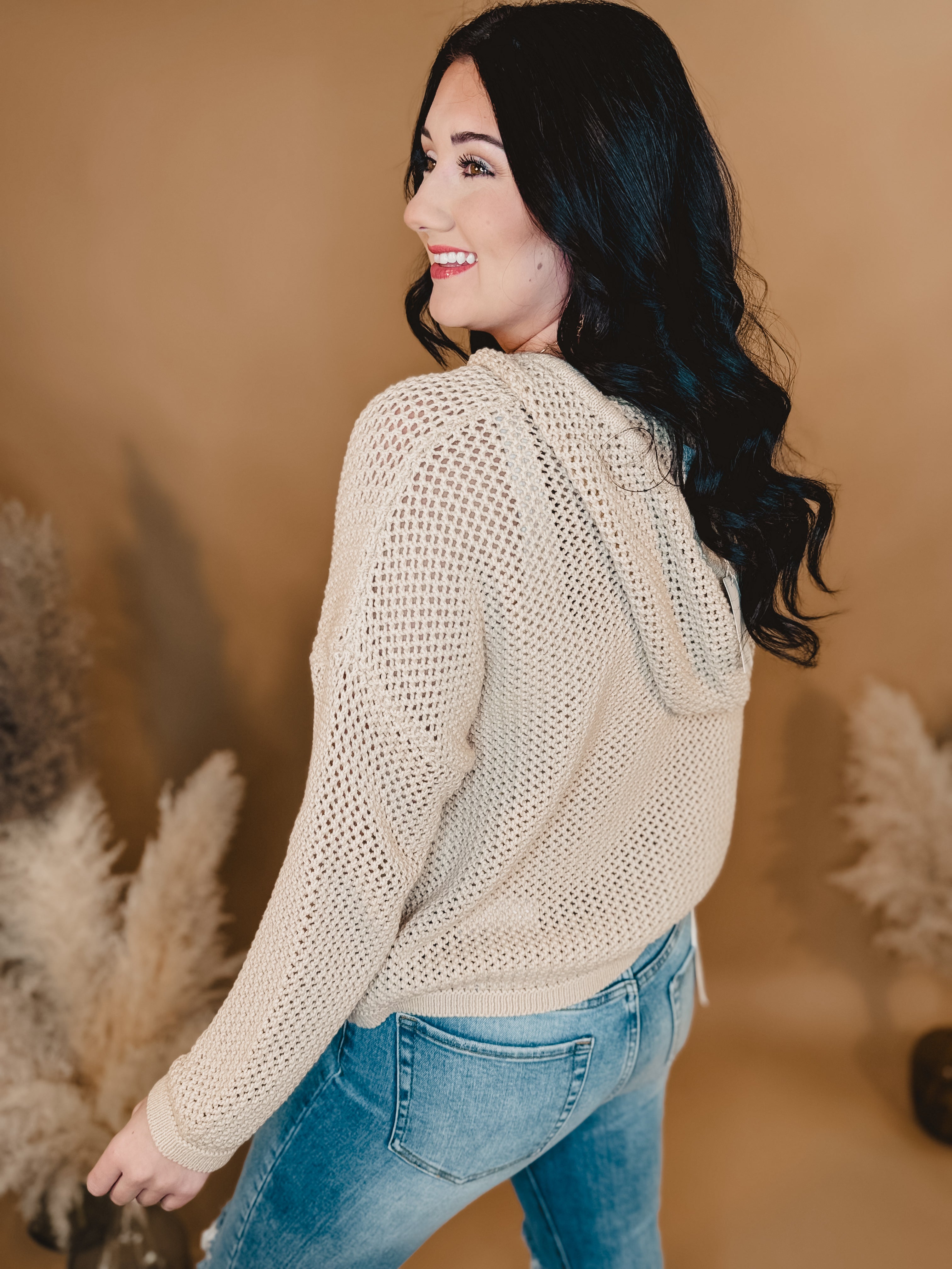 Open Knit Sweater Hoodie - Taupe - Lace and Grace Boutique