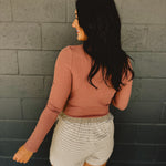 Fitted Ribbed Knit Long Sleeve Top - Red Bean - Lace and Grace Boutique