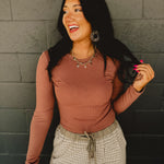 Fitted Ribbed Knit Long Sleeve Top - Red Bean - Lace and Grace Boutique