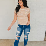 Striped Short Sleeve Pullover Sweater - Khaki - Lace and Grace Boutique