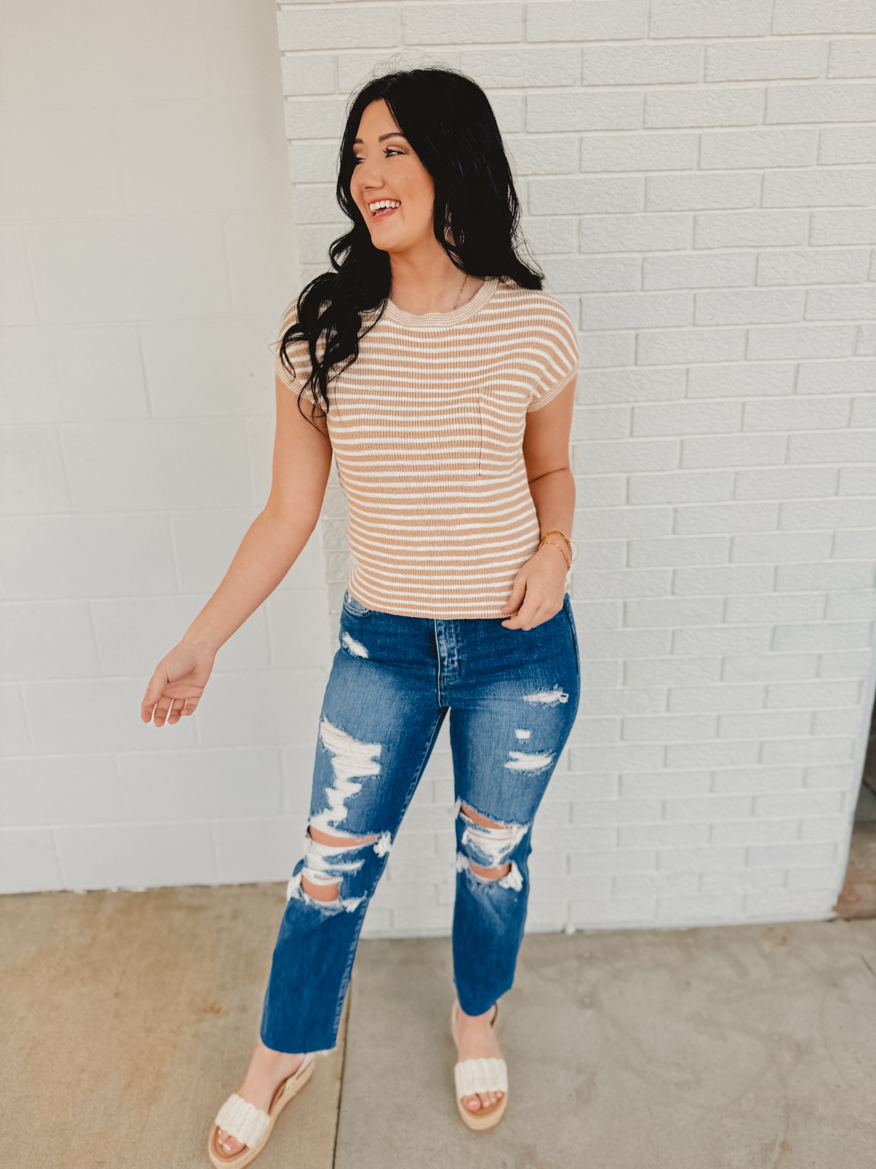 Striped Short Sleeve Pullover Sweater - Khaki - Lace and Grace Boutique