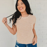 Striped Short Sleeve Pullover Sweater - Khaki - Lace and Grace Boutique