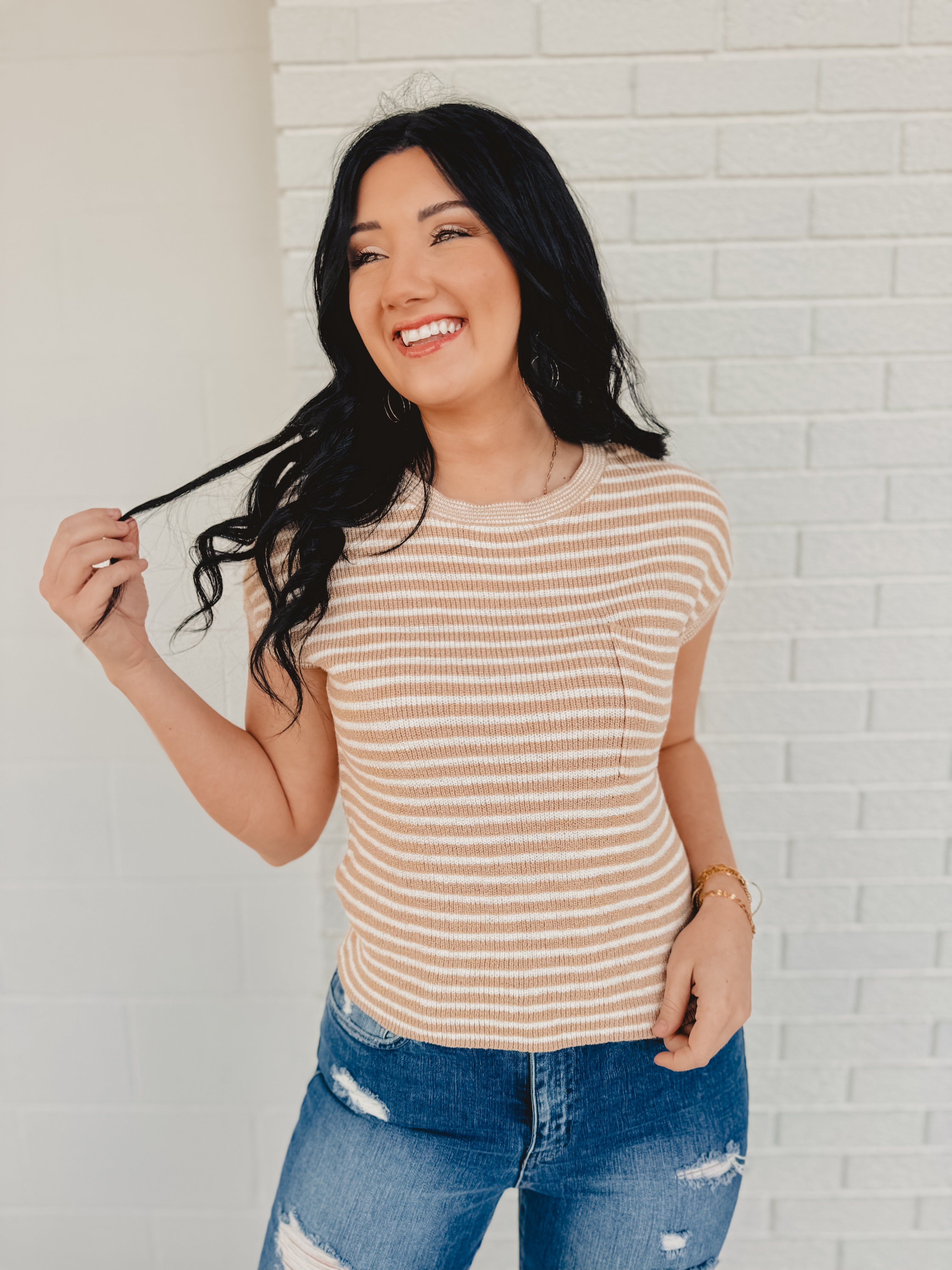Striped Short Sleeve Pullover Sweater - Khaki - Lace and Grace Boutique