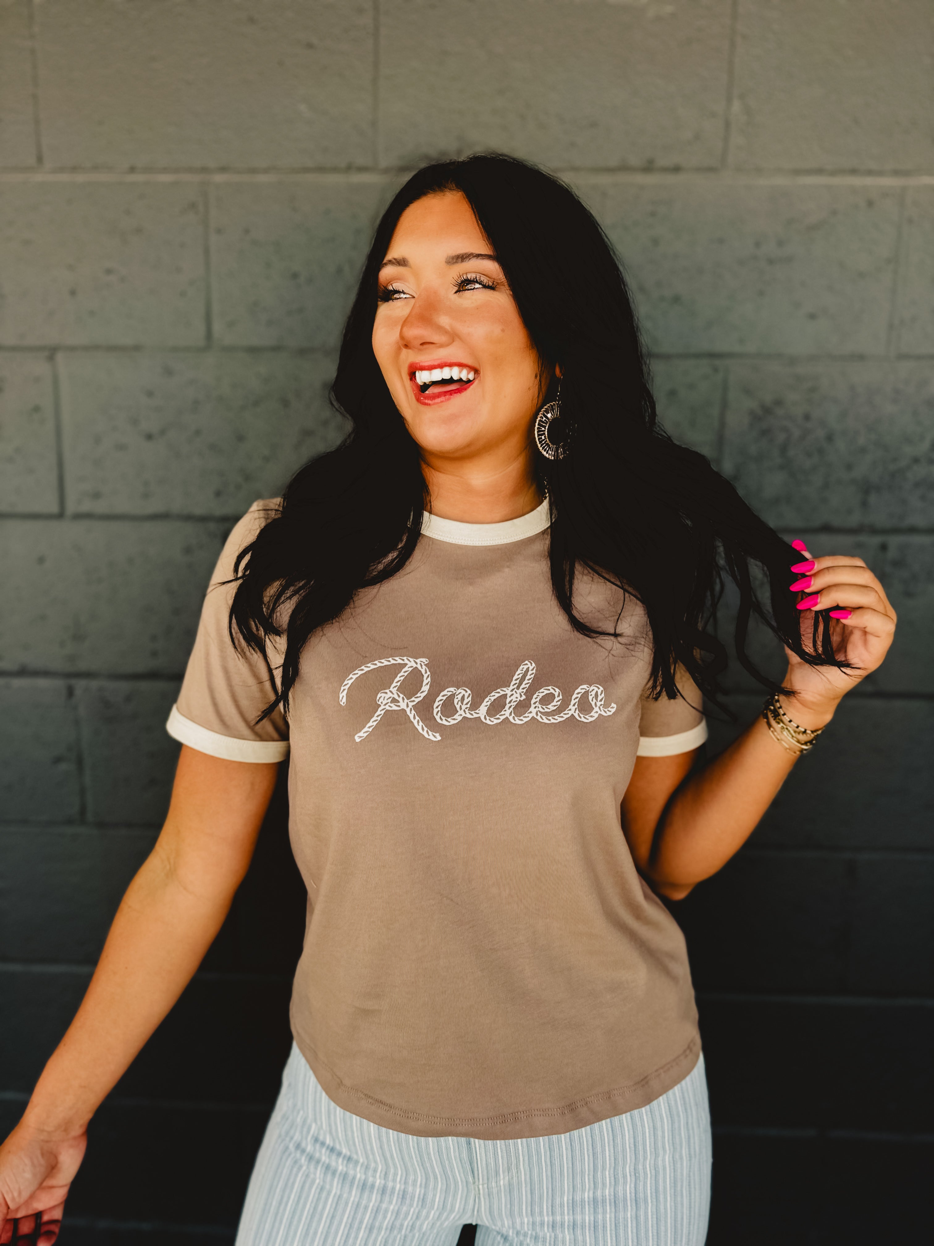 Rodeo Basic Knit Tee - Mocha/Ecru - Lace and Grace Boutique