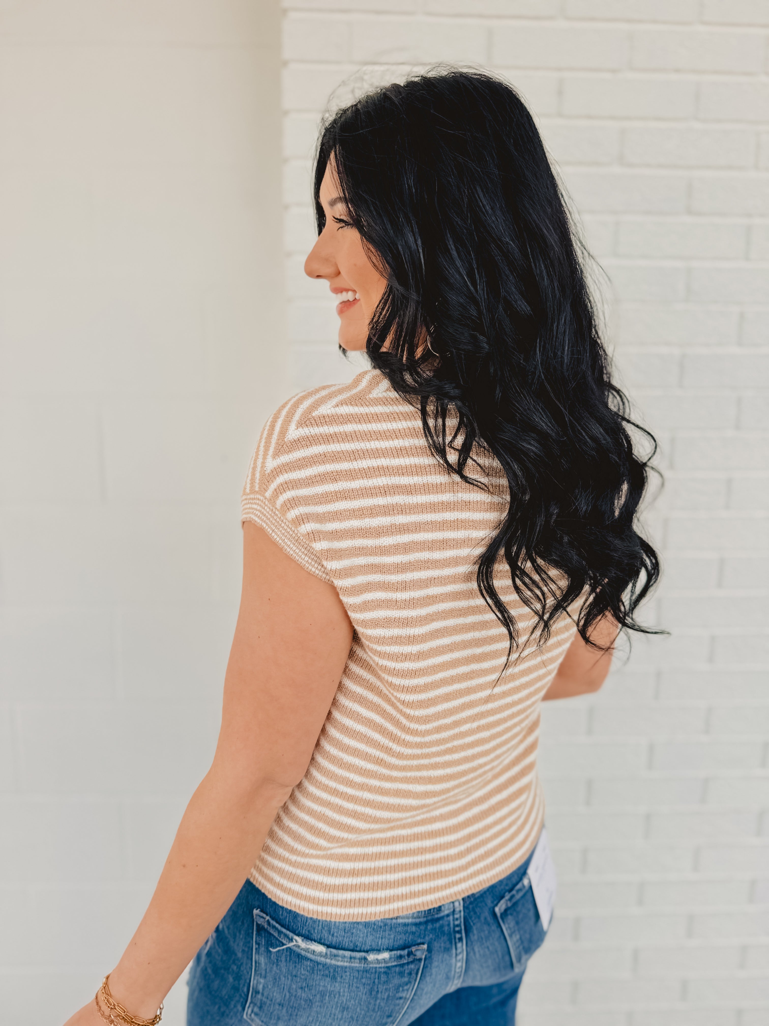 Striped Short Sleeve Pullover Sweater - Khaki - Lace and Grace Boutique