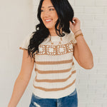 Stripe Short Sleeve Crochet Knit Top - Khaki/Cream - Lace and Grace Boutique