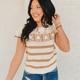 Stripe Short Sleeve Crochet Knit Top - Khaki/Cream - Lace and Grace Boutique