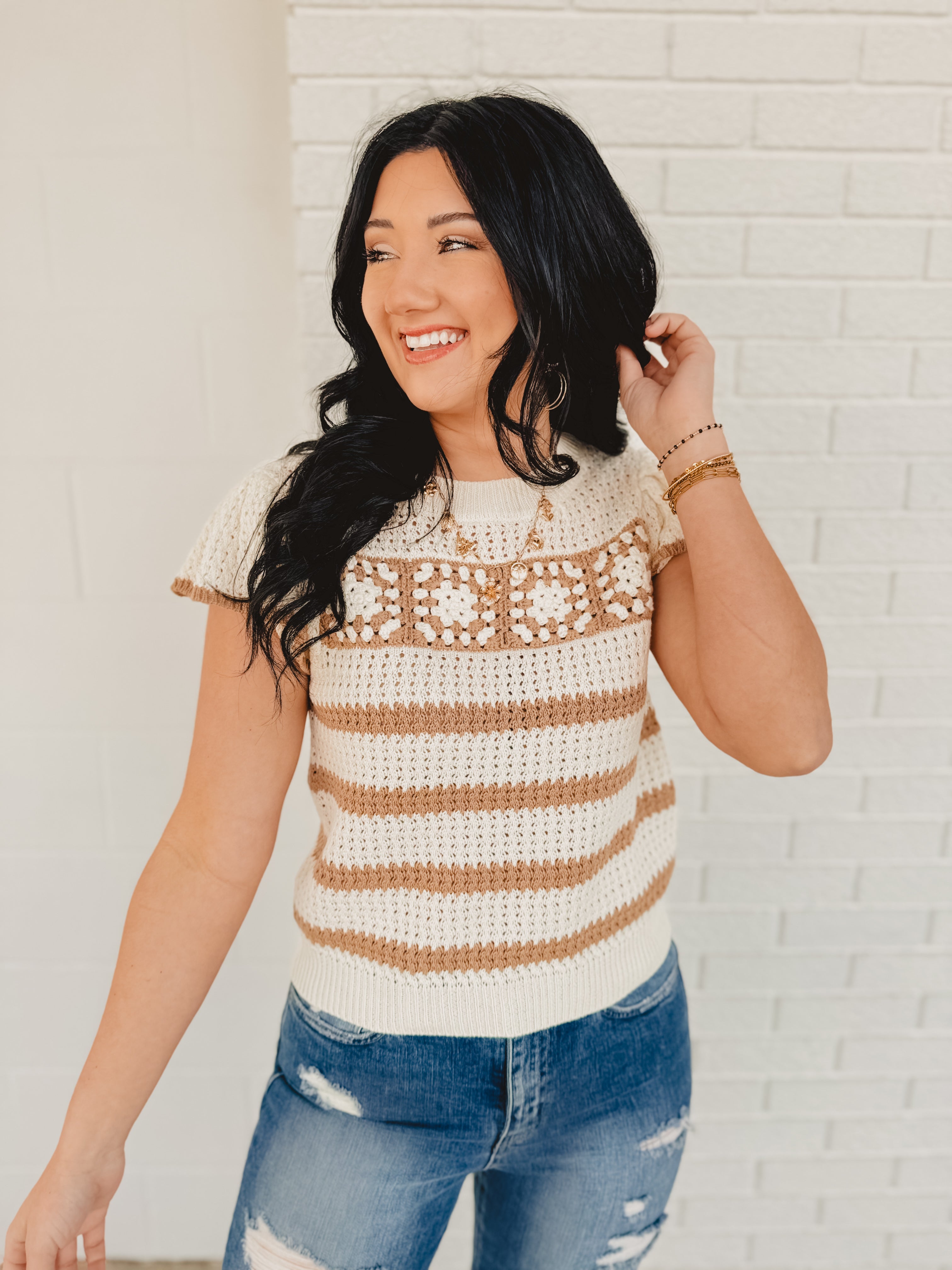 Stripe Short Sleeve Crochet Knit Top - Khaki/Cream - Lace and Grace Boutique