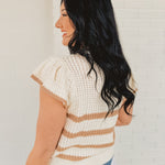 Stripe Short Sleeve Crochet Knit Top - Khaki/Cream - Lace and Grace Boutique