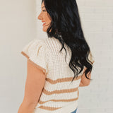 Stripe Short Sleeve Crochet Knit Top - Khaki/Cream - Lace and Grace Boutique