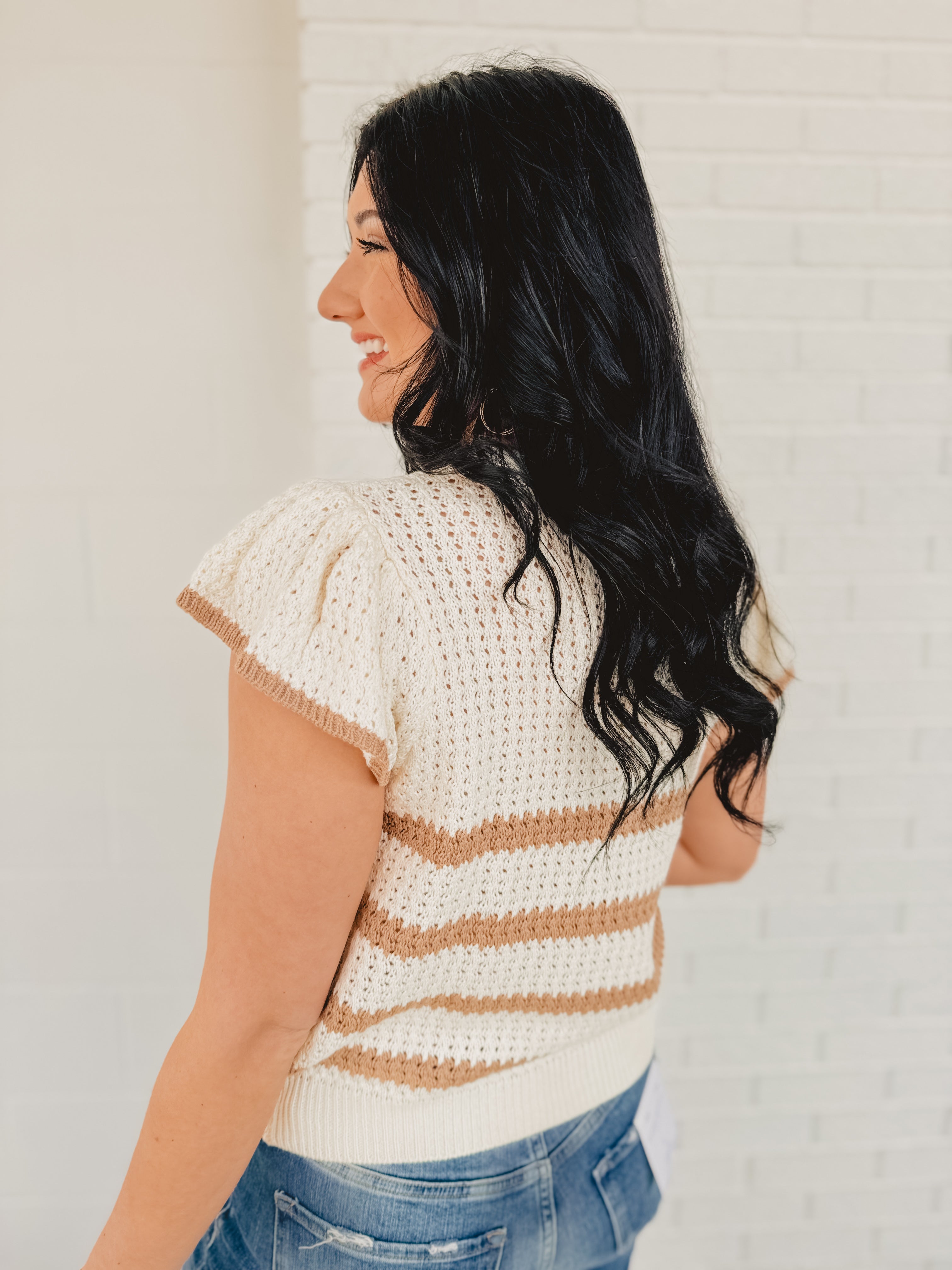 Stripe Short Sleeve Crochet Knit Top - Khaki/Cream - Lace and Grace Boutique