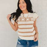 Stripe Short Sleeve Crochet Knit Top - Khaki/Cream - Lace and Grace Boutique