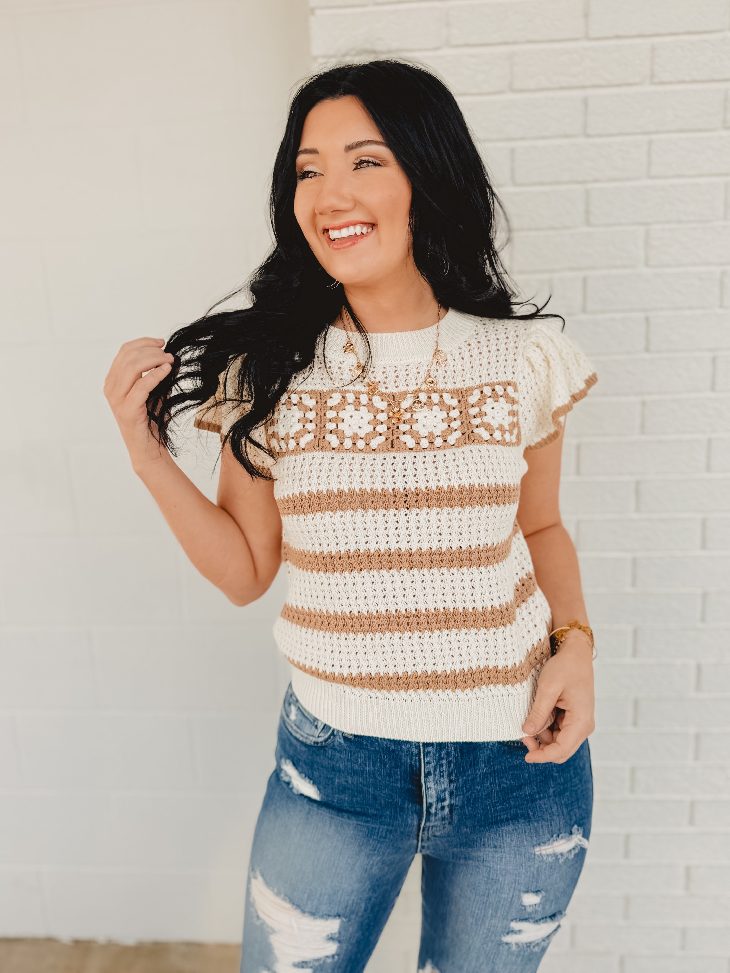 Stripe Short Sleeve Crochet Knit Top - Khaki/Cream - Lace and Grace Boutique