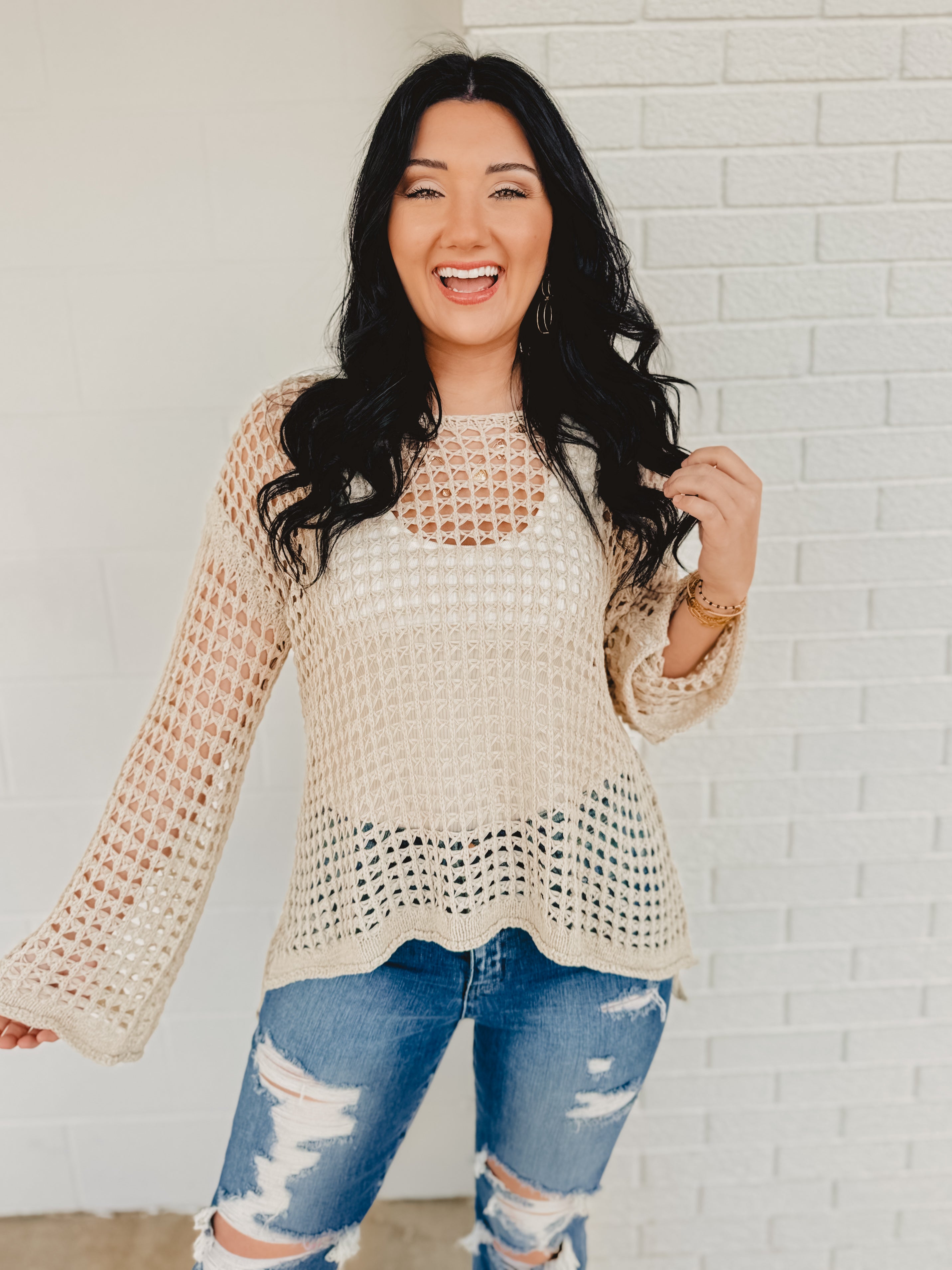 POL Dropped Shoulder Open Knit Boat Neck Sweater Top - Natural - Lace and Grace Boutique