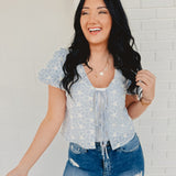 Tie Front Embroidered Top - Ice Blue - Lace and Grace Boutique