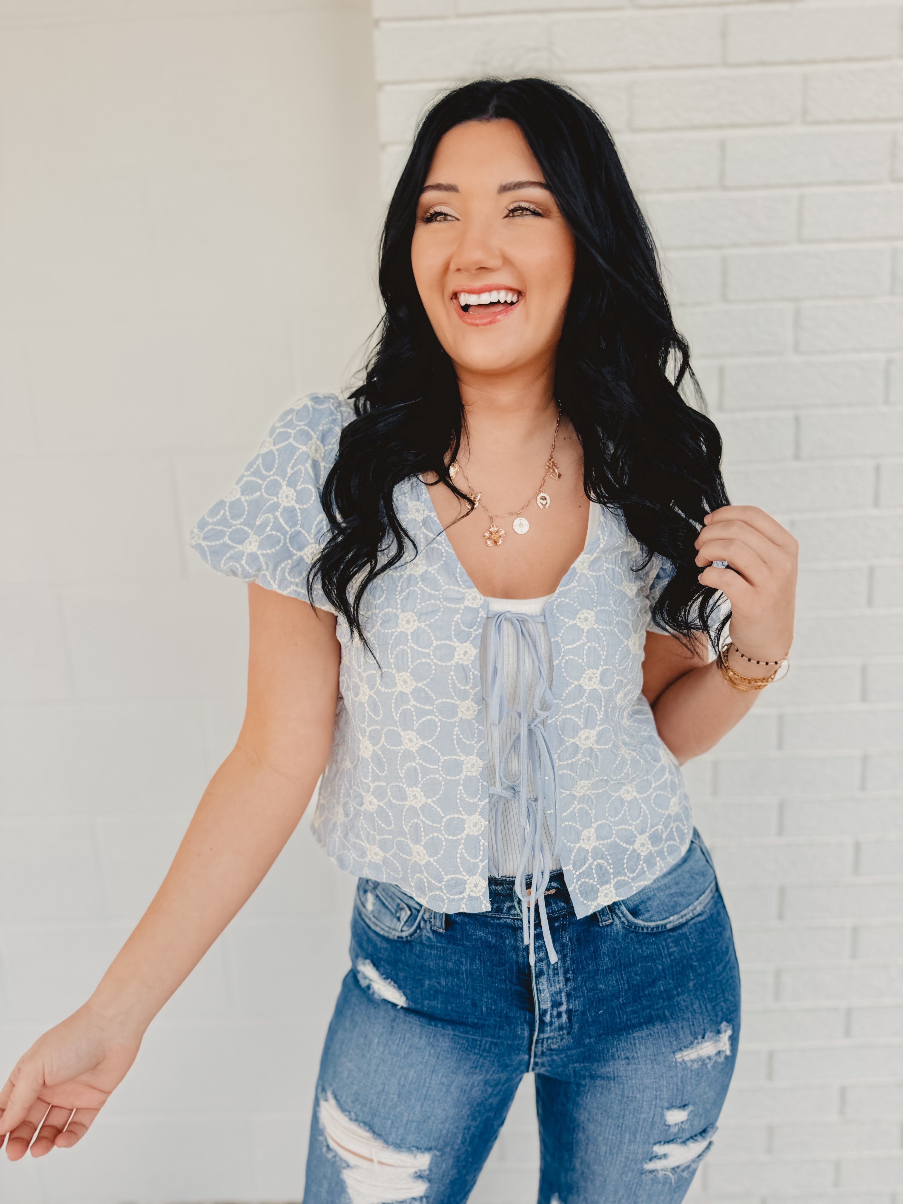 Tie Front Embroidered Top - Ice Blue - Lace and Grace Boutique