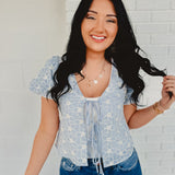 Tie Front Embroidered Top - Ice Blue - Lace and Grace Boutique
