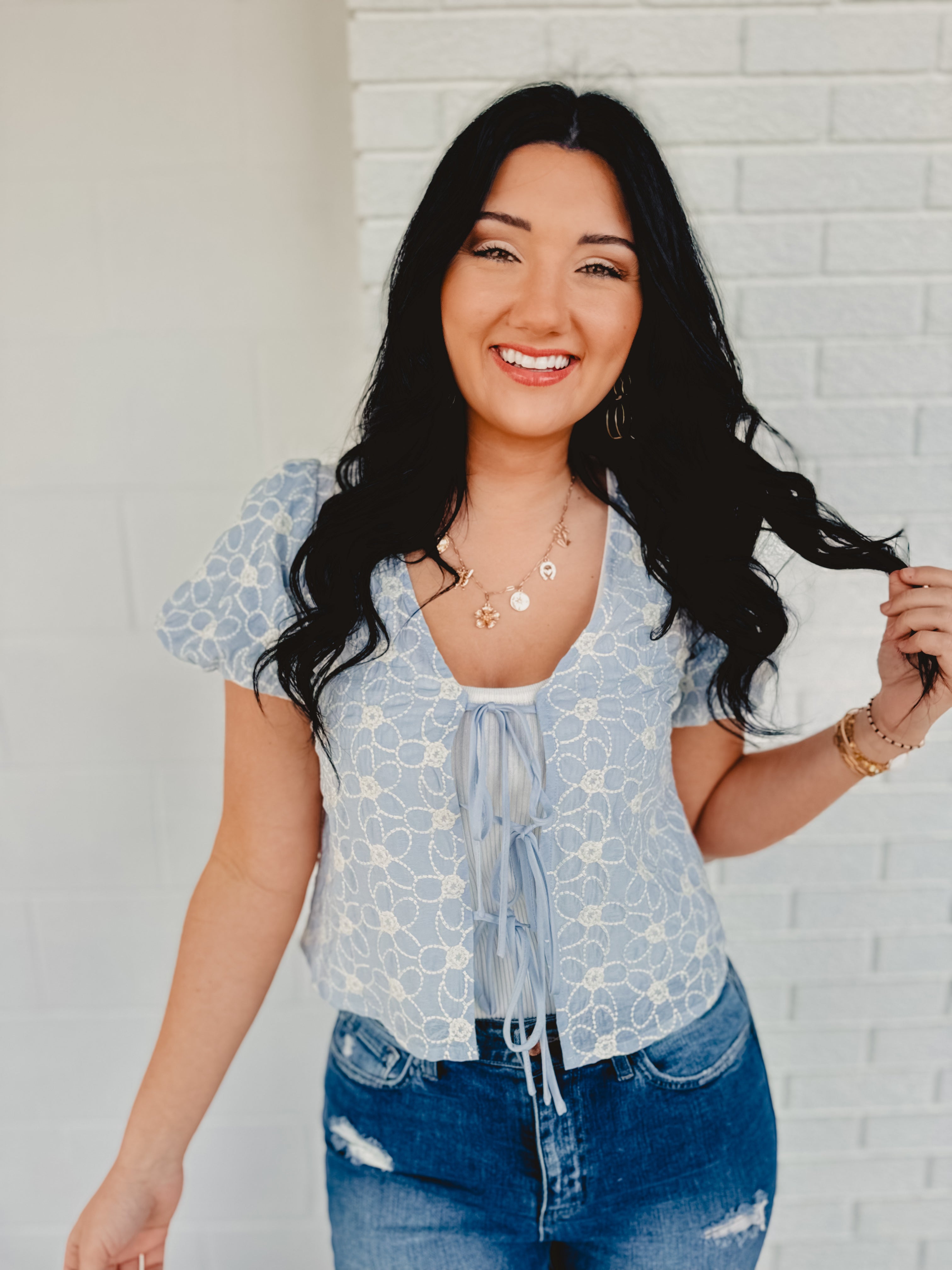 Tie Front Embroidered Top - Ice Blue - Lace and Grace Boutique
